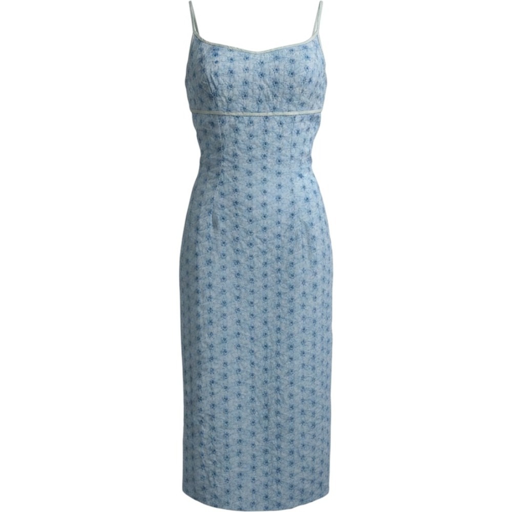 Vintage 60s Lorrie Deb Midi Dress Women Size XS Blue Floral Eyelet Empire Waist